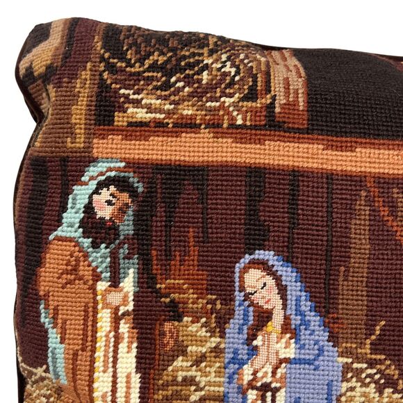 Vintage Needlepoint Christmas Throw Pillow Manager Scene Mary Joseph Jesus Lamb - Picture 2 of 8